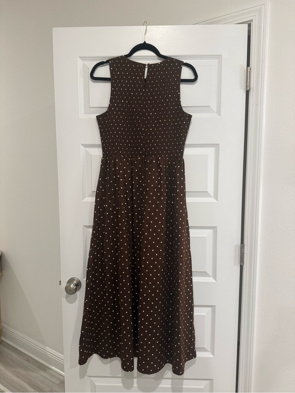Anthropologie Medow Rhodes Brown Polka Dot Sleeveless Midi Dress - Picture 5 of 5